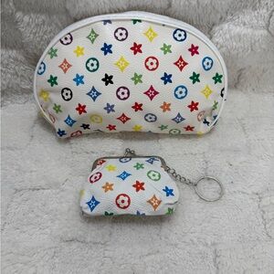 Colorful Patterned White Pouch and Keychain Set